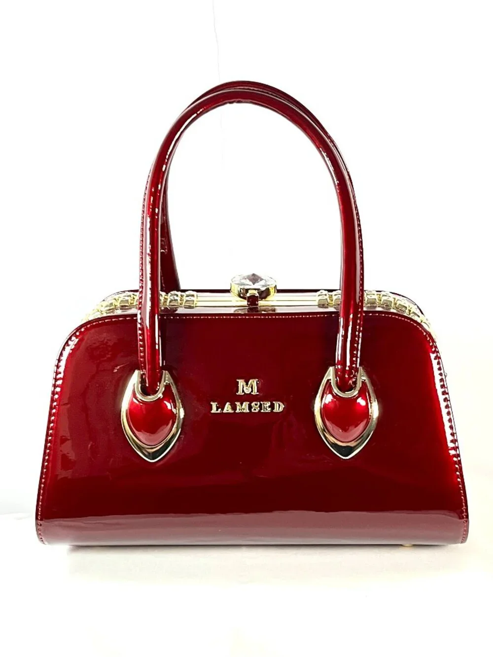 NWT/M-Lamsed Red Patent Gold Chain Bag – Glam Faux Diamond Clasp Purse